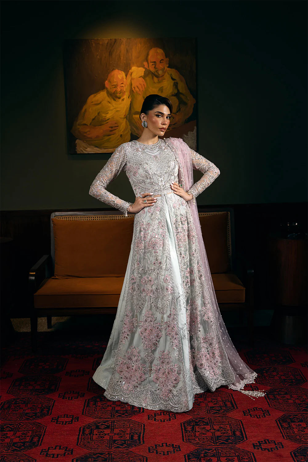 Woman wearing bright gray embellished bridal dress in net and raw silk – traditional Pakistani clothes from Saira Rizwan – medium size