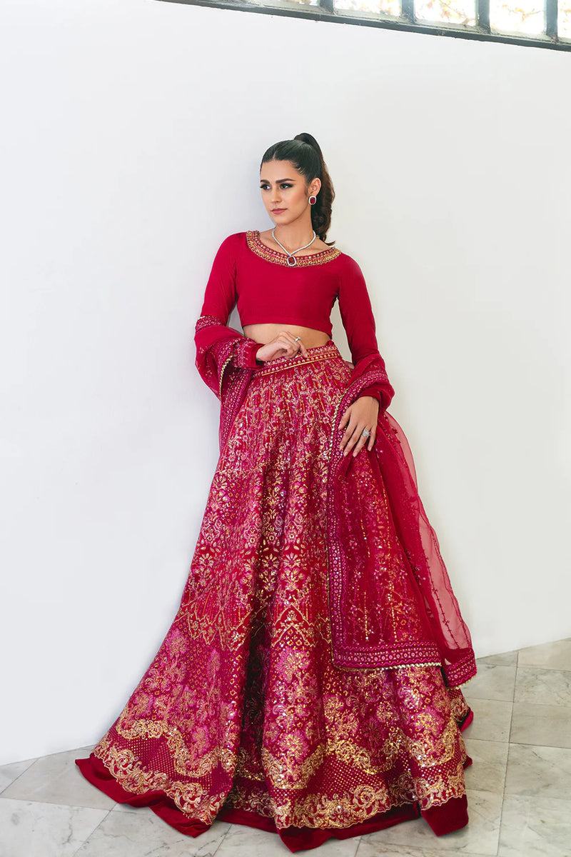 Traditional Pakistani suits for women – Front view of Fuschia Pink Bridal Dress in Korean Silk for wedding wear – Large size mode