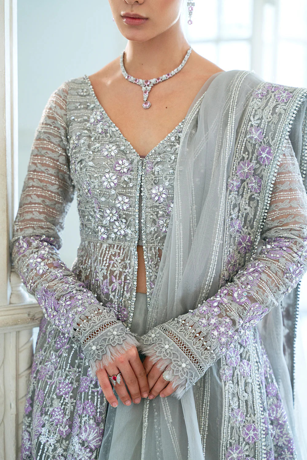 Detailed close-up of intricate hand and machine embellishments on Saira Rizwan Punjabi suits crafted in rich grey organza.