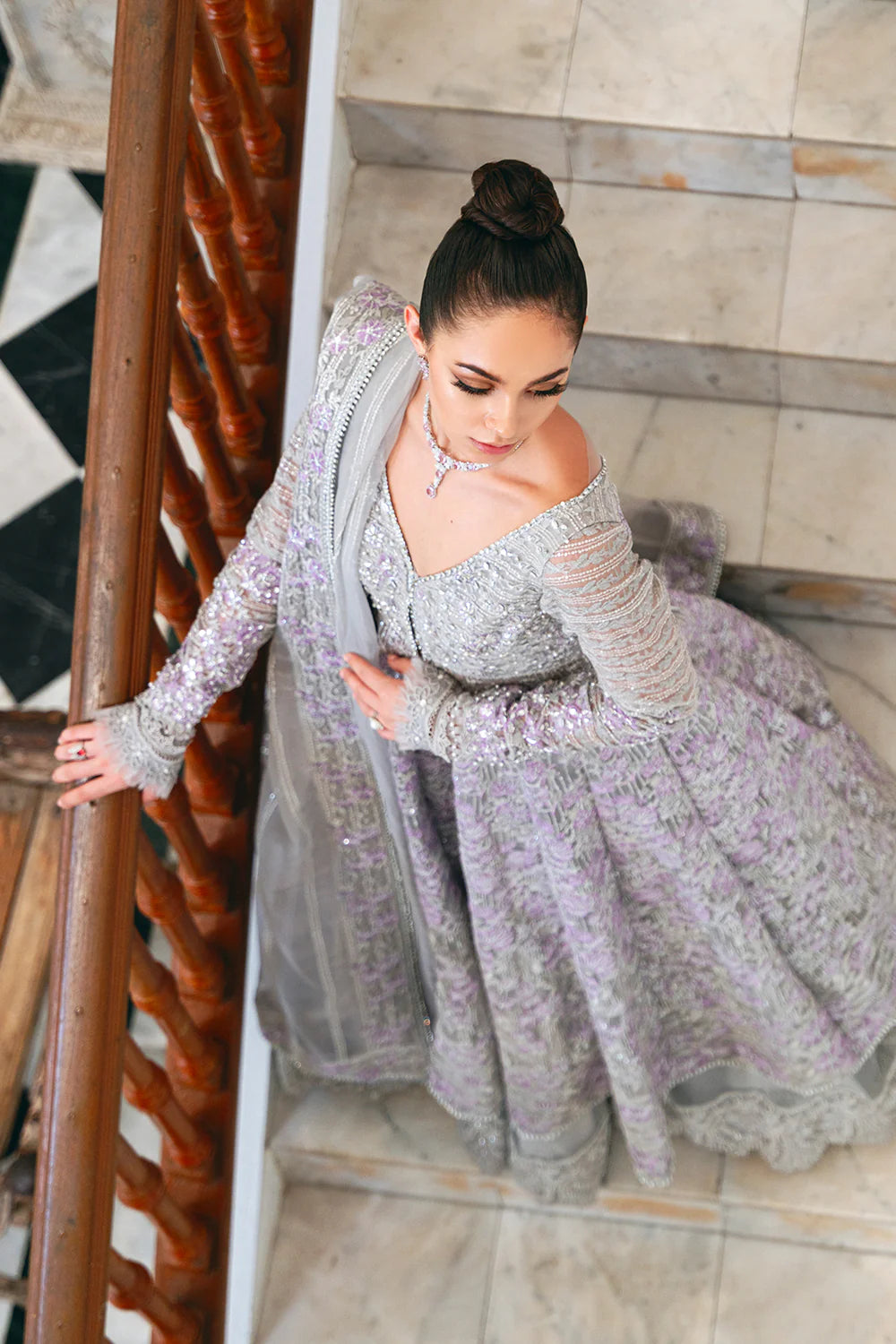 Magnified embroidery of luxurious bridal organza dress by Saira Rizwan, a stunning option for Pakistani suits Canada seekers.