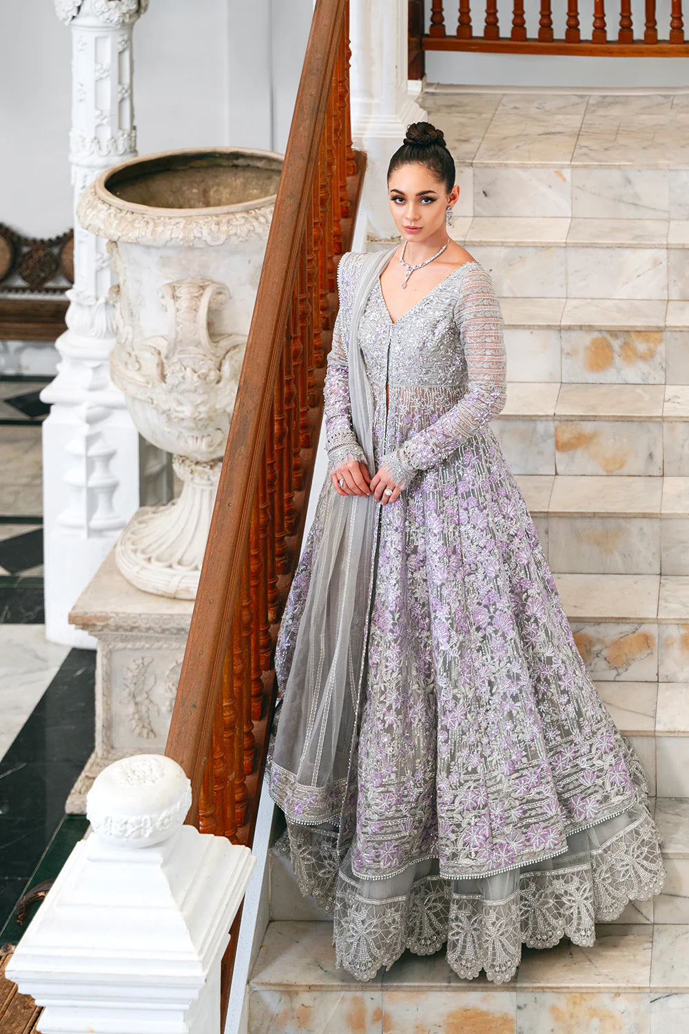 Smooth grey organza fabric texture of medium-size Saira Rizwan bridal dress, perfect for lovers of traditional Pakistani clothes.