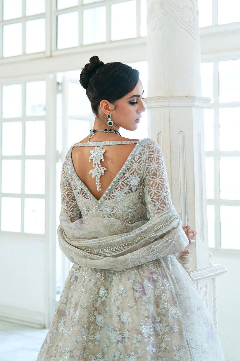 Full back side showing machine-embroidered Traditional Pakistani clothes white bridal outfit for women