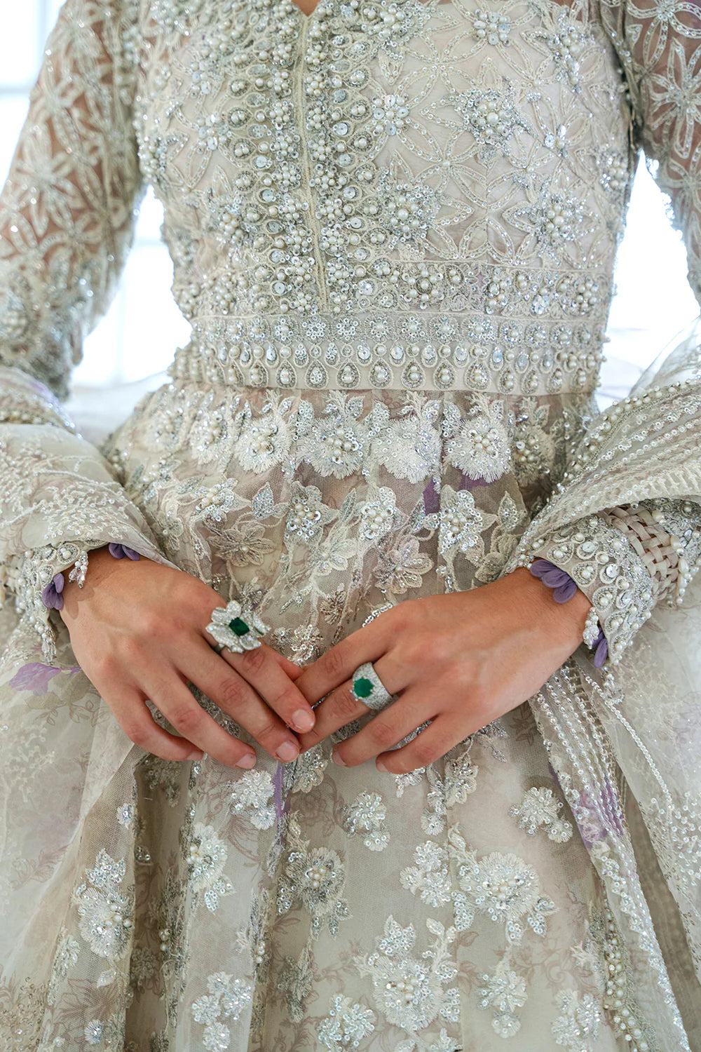 Close-up showing hand-embellished neckline of luxurious Punjabi suits bridal white dress for women