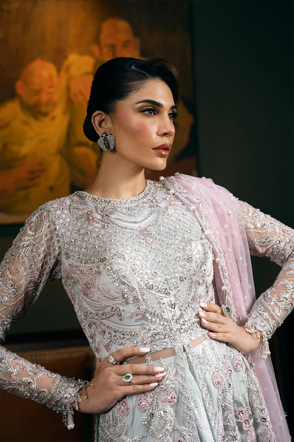 Stunning front design of Saira Rizwan bright gray bridal wear – Pakistani suits Canada for women – crafted from luxurious fabrics