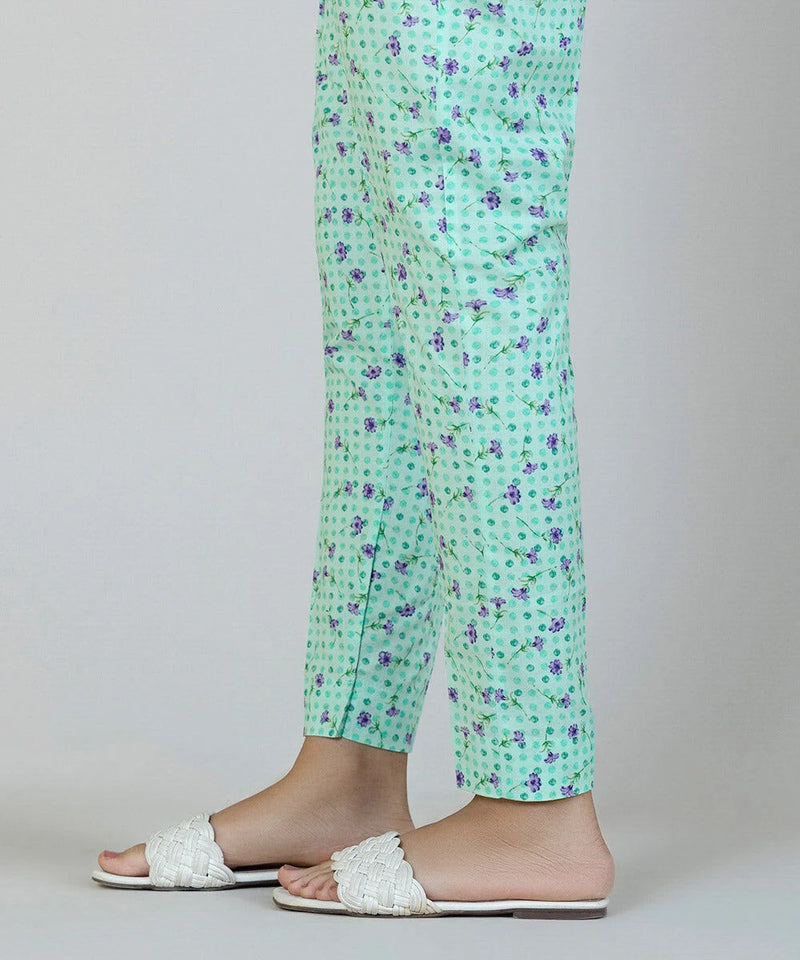 Side view close-up Sapphire aqua blue floral cigarette pants hem detail – women Indian suits Canada