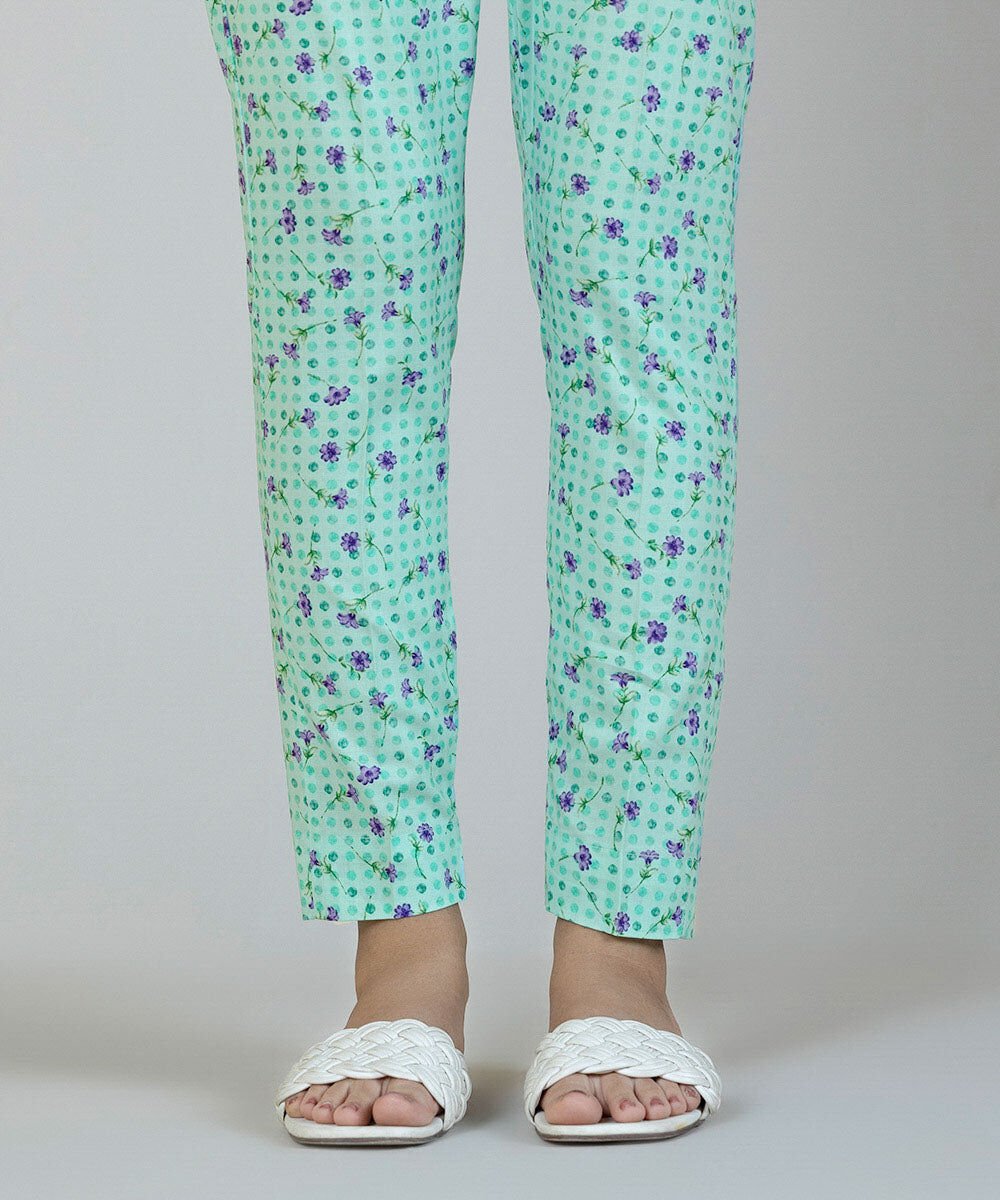 Front view Sapphire aqua blue floral cambric cigarette pants women – casual Eid wear Pakistani suits Canada
