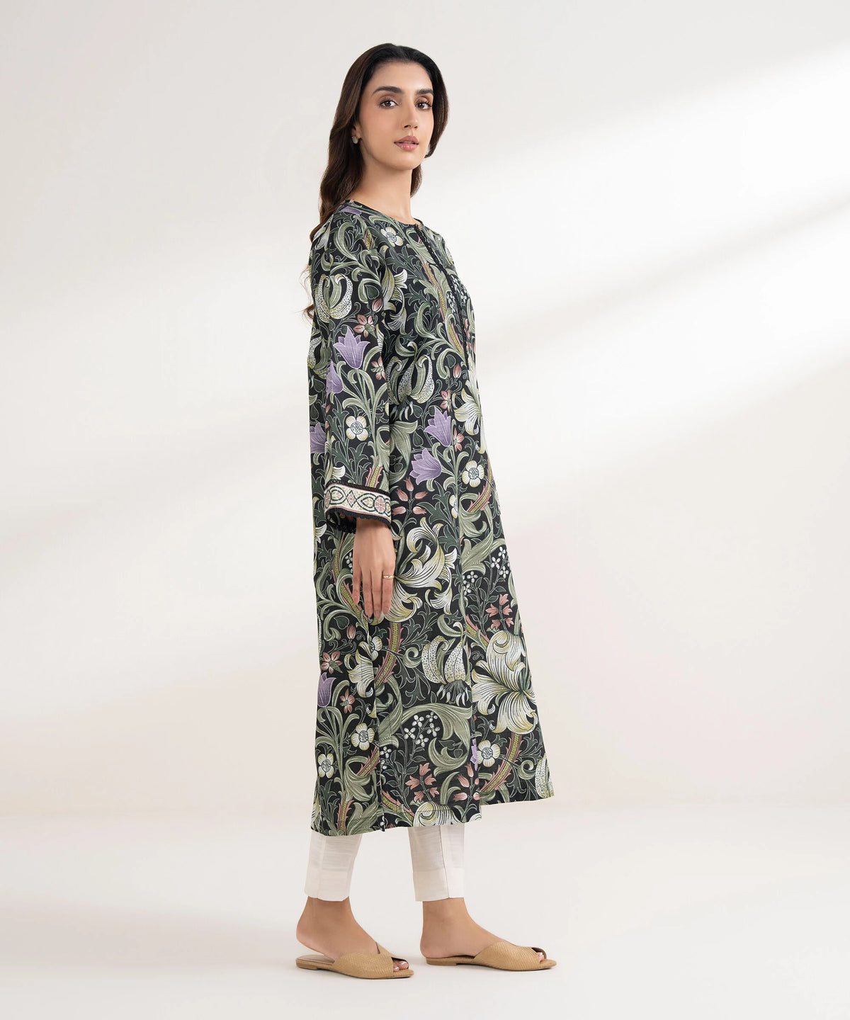 Woman side view full length Sapphire black botanical floral cotton shirt slim fit lace cuff – Punjabi suits Canada