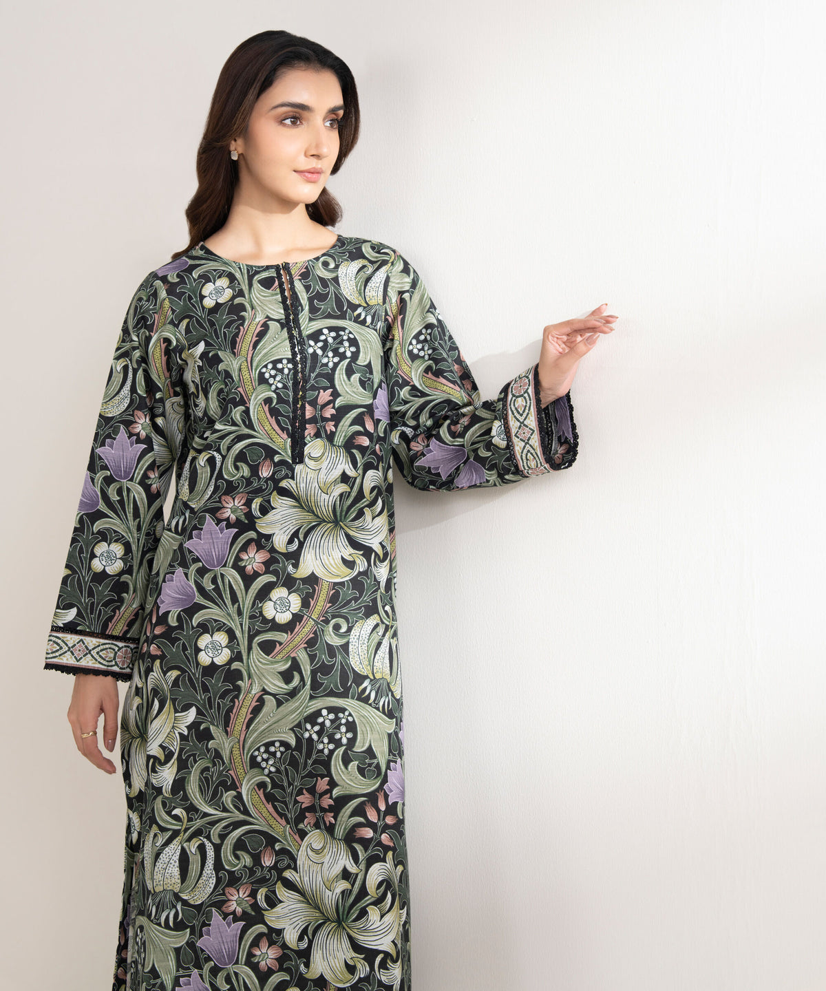 Woman angled front view Sapphire black botanical print cotton shirt sequin neckline lace cuff – Pakistani suits Canada