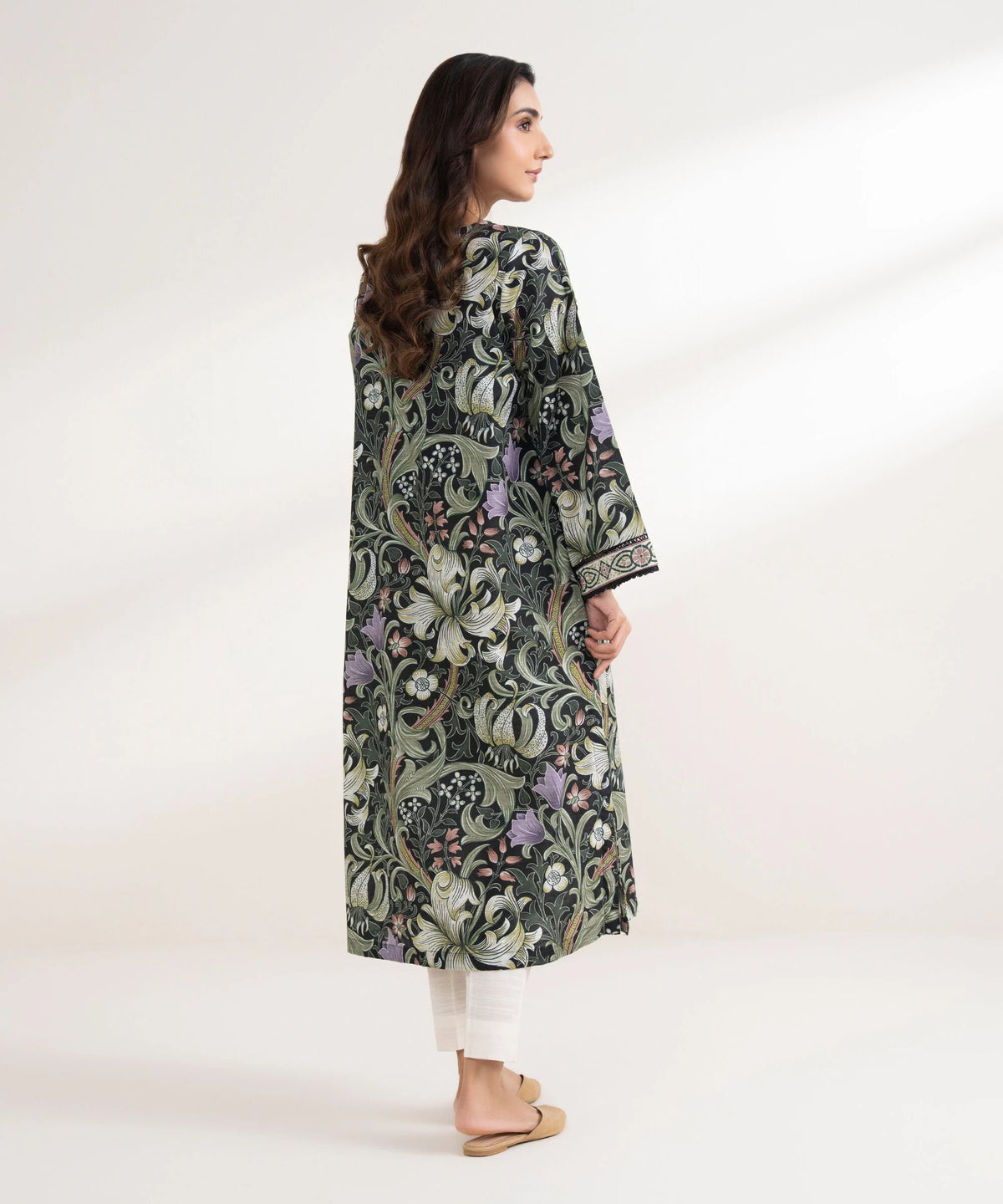 Woman back view full length Sapphire black printed cotton shirt floral vine print lace cuff Diwali – Pakistani suits Canada