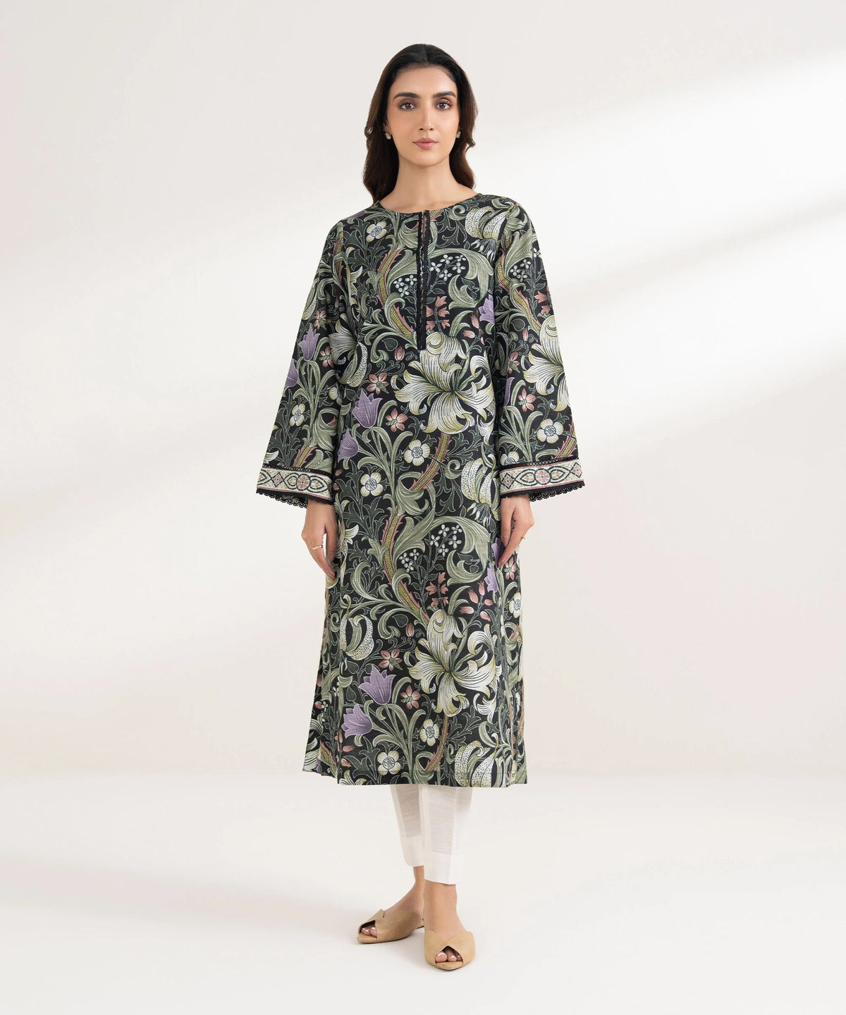 Woman front view full length Sapphire black printed cotton straight shirt embroidered cuff for Diwali– Pakistani suits Canada