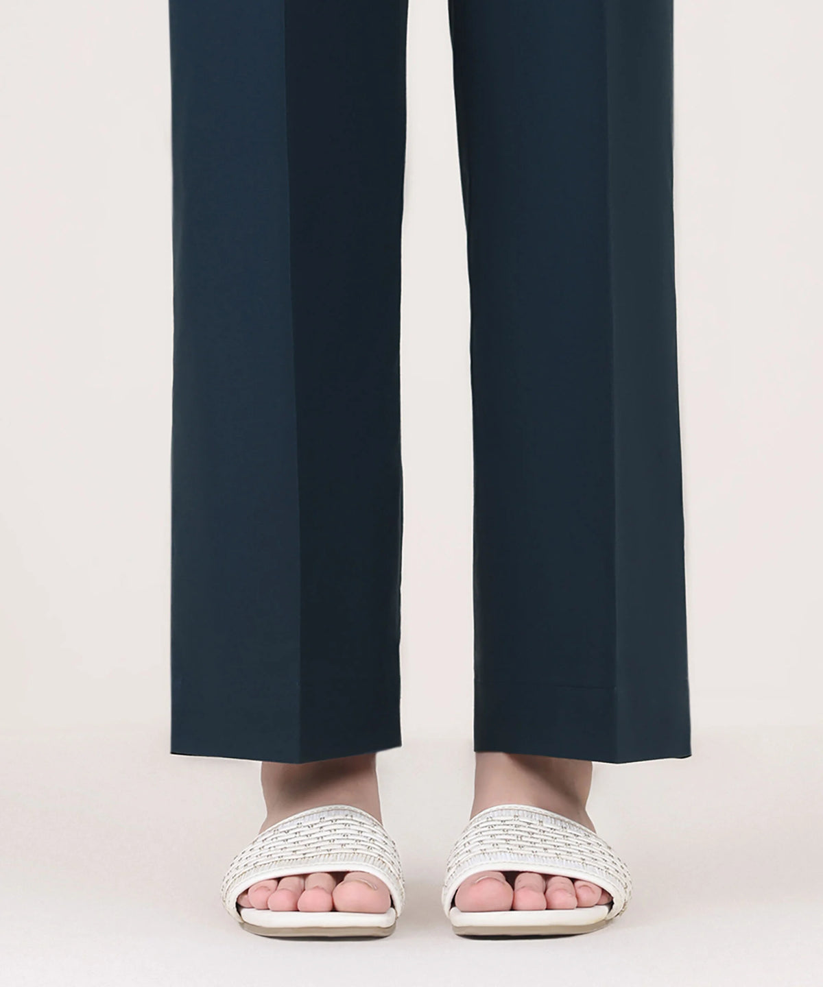 Woman side view mid-length Sapphire blue cambric straight pants side slit hem – Punjabi suits Canada