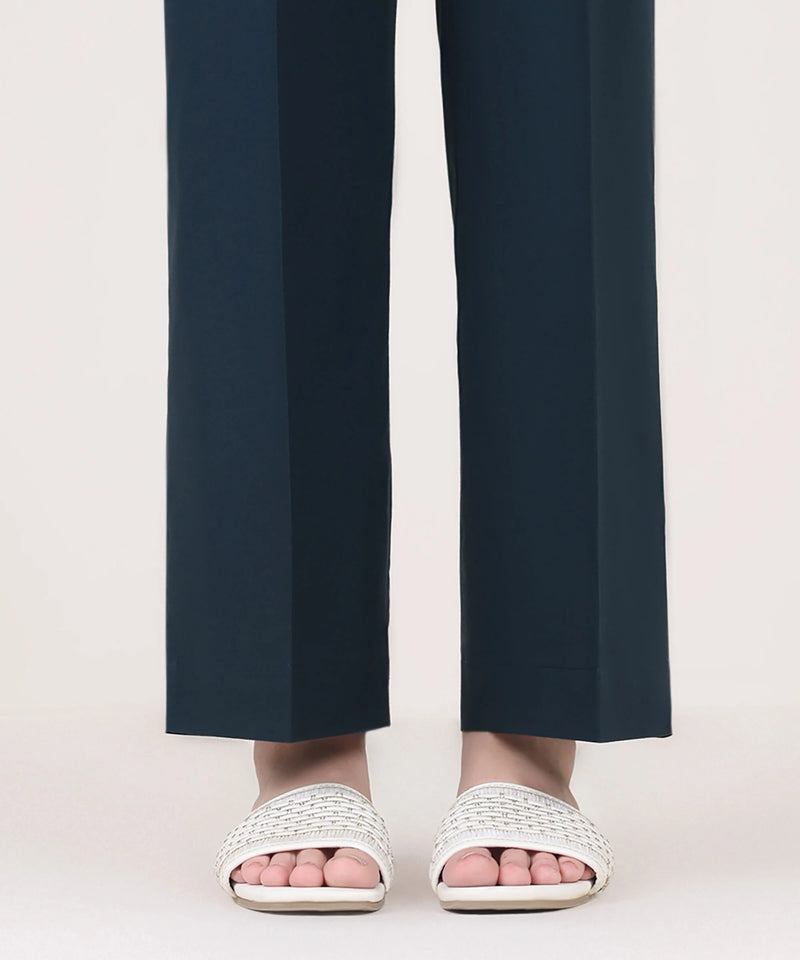 Woman side view mid-length Sapphire blue cambric straight pants side slit hem – Punjabi suits Canada