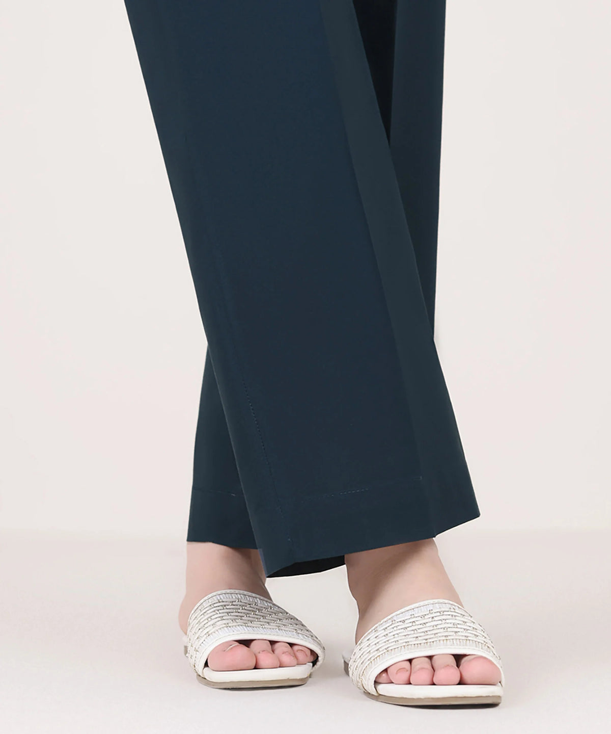 Woman front view mid-length Sapphire blue solid cambric straight pants – Pakistani suits Canada women