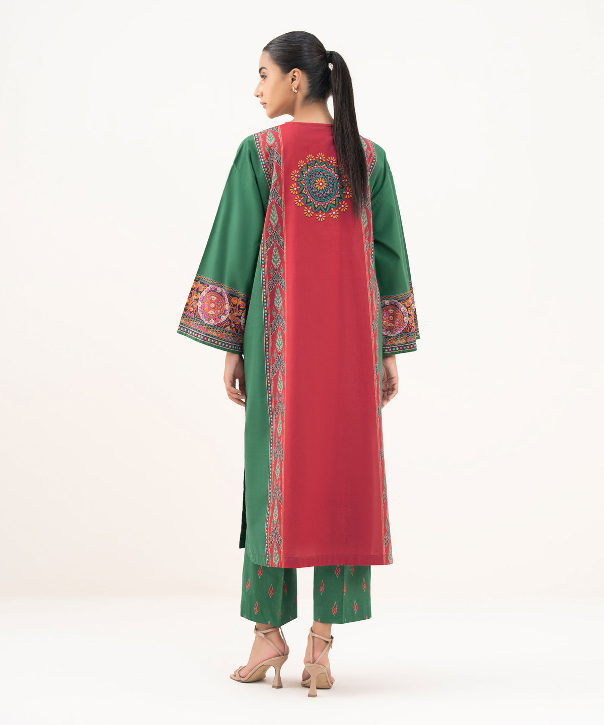 Woman back view full length Sapphire green cambric A-line shirt crimson mandala back panel printed cuffs – Pakistani suits Canada
