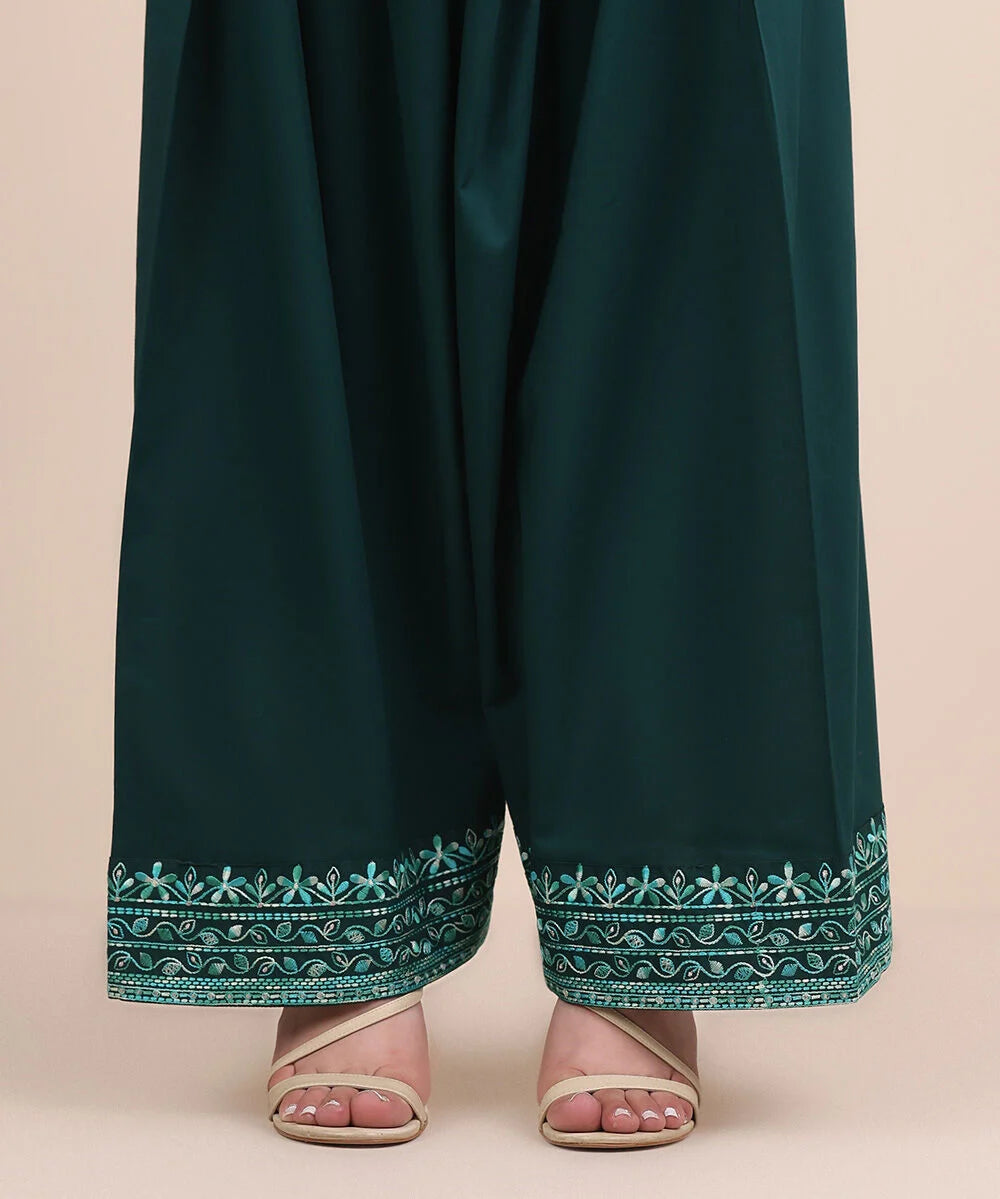 Woman front view mid-length Sapphire green cambric shalwar embroidered hem Eid festive – Indian suits Canada