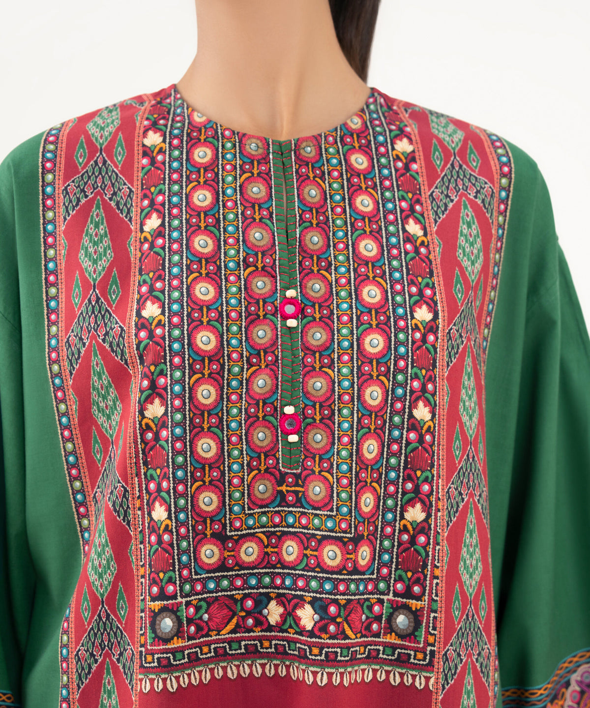 Woman close-up Sapphire green red cambric shirt Sindhi mirror work shisha embroidery – Punjabi suits Canada