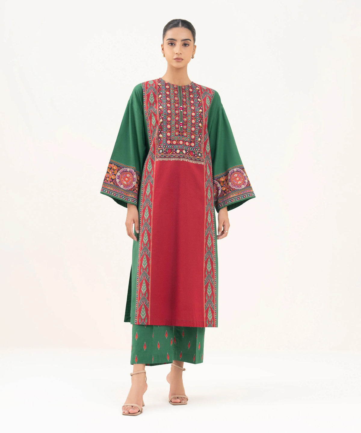 Woman front view full length Sapphire green red embroidered cambric A-line shirt mirror work cowrie fringe – Pakistani suits Canada