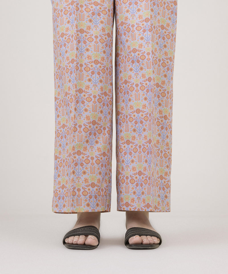 Woman front view close-up Sapphire lavender cambric culottes Mughal folk floral print wide leg – Indian suits Canada