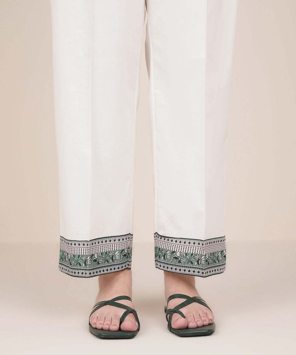 Woman front view mid-length Sapphire white solid cambric straight pants printed border hem – Punjabi suits Canada