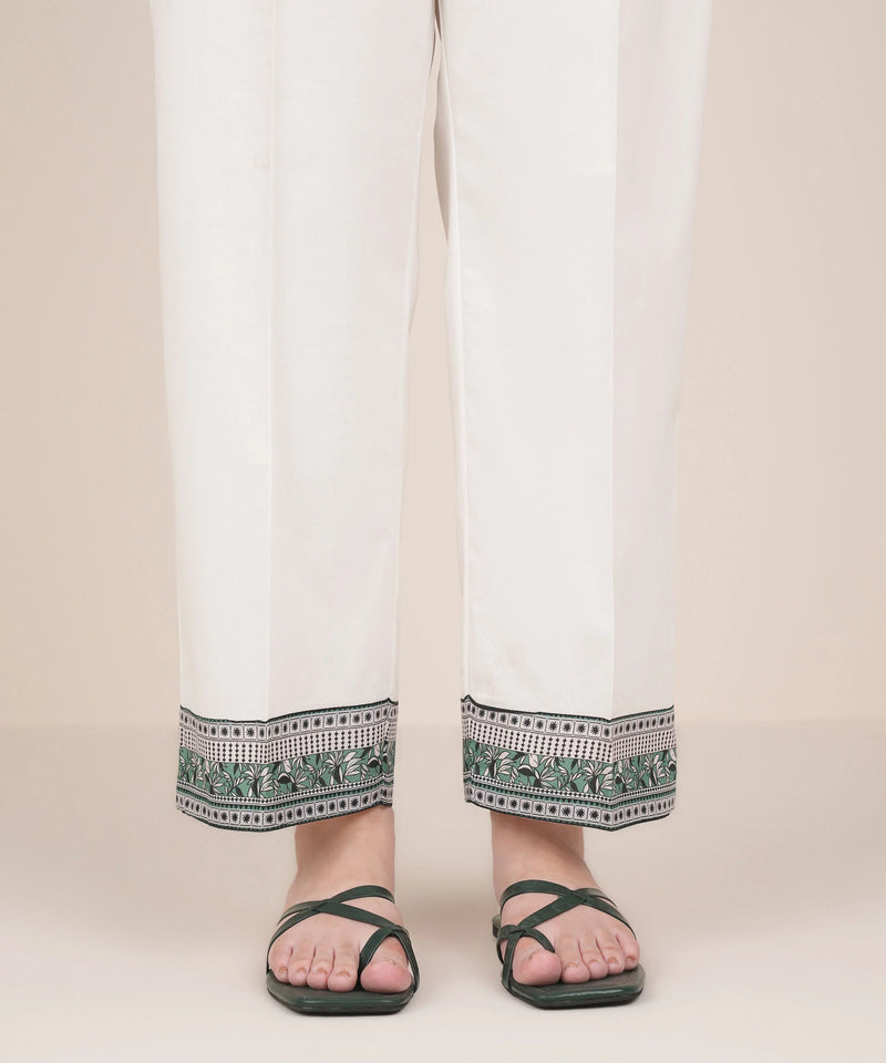 Woman front view mid-length Sapphire white solid cambric straight pants printed border hem – Punjabi suits Canada