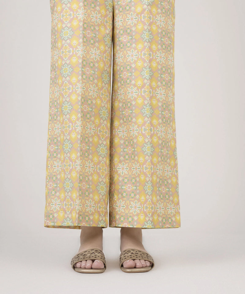 Woman front view mid-length Sapphire yellow geometric print cambric culottes Eid festive – Pakistani suits Canada