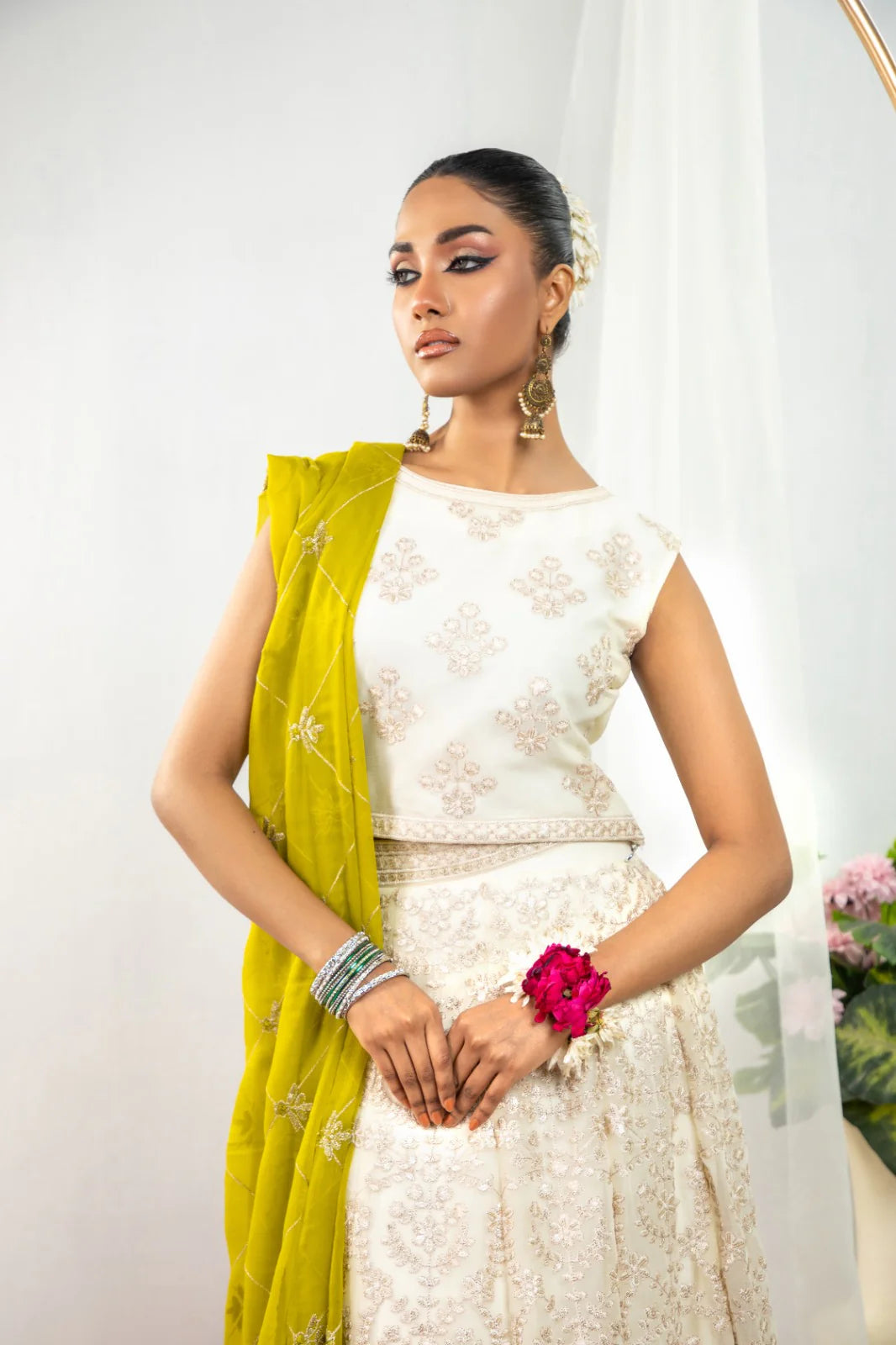 Woman portrait close-up SHEEP off-white Anarkali embroidered details Pakistani suits women Canada traditional wear