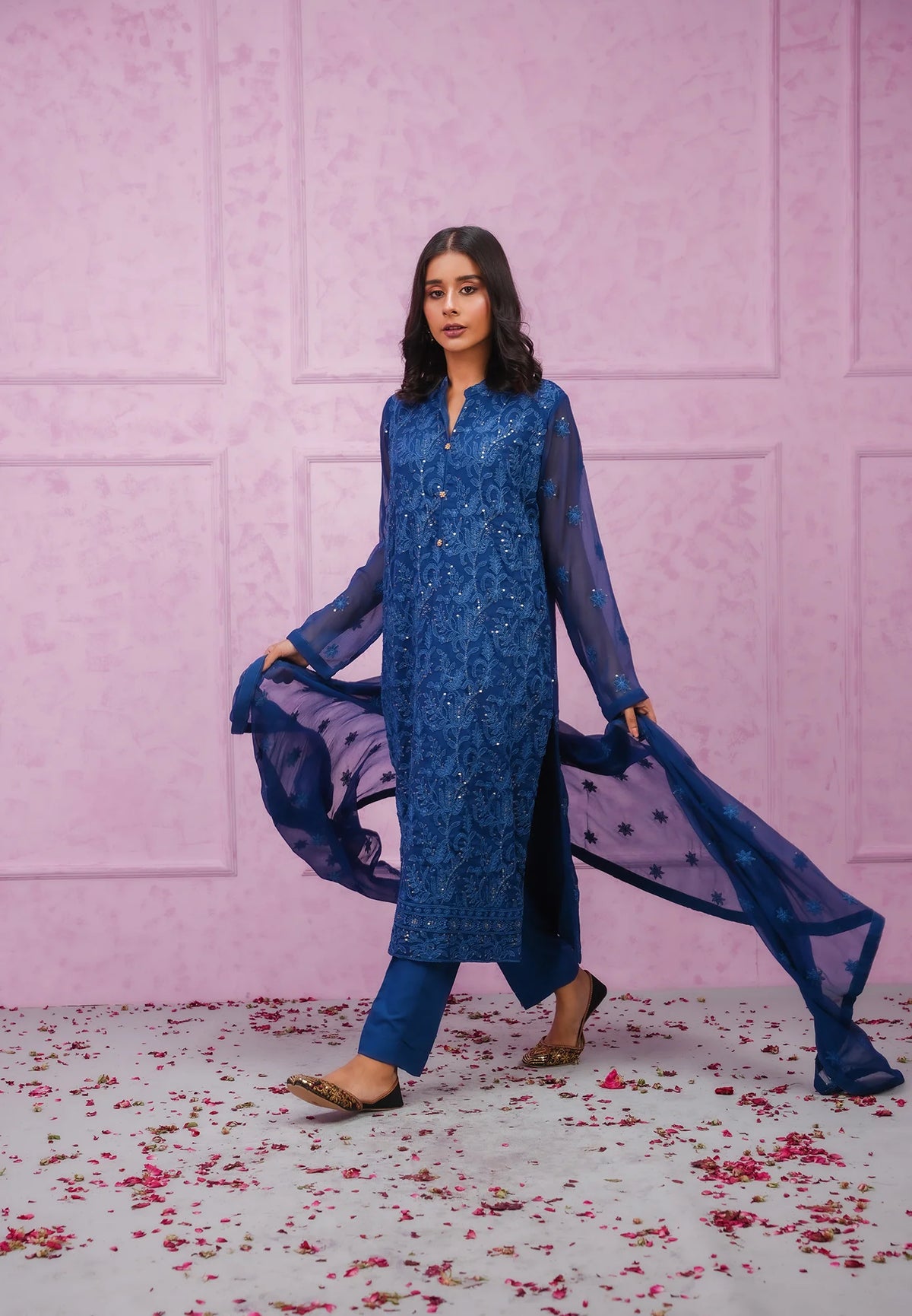 Woman standing Standing with arms extended, holding dupatta SHEEP blue embroidered chiffon Pakistani suit Canada wedding festive women