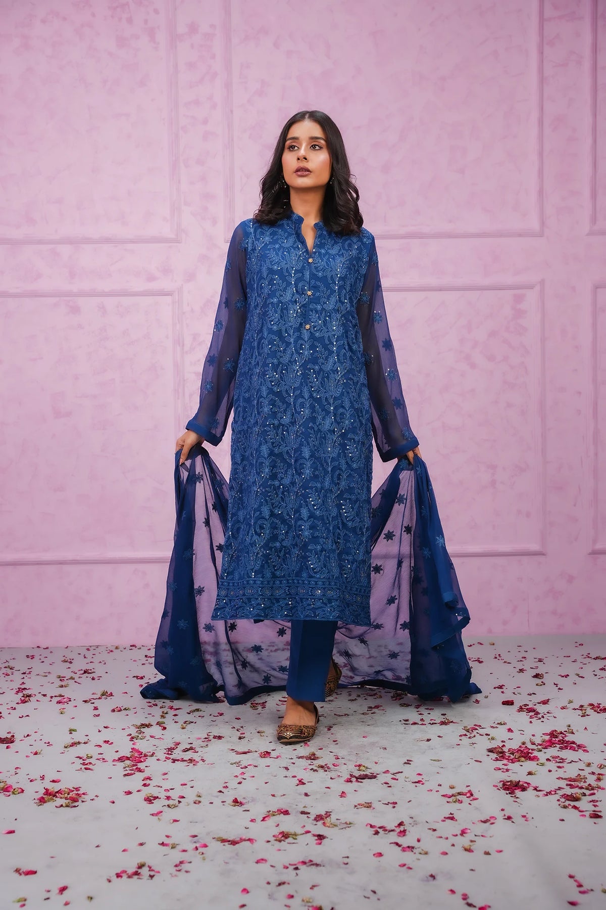 Woman elegant pose SHEEP blue embroidered Pakistani chiffon suit flowing dupatta Canada wedding Eid