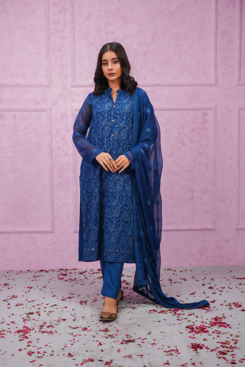 Woman posing front view SHEEP blue chiffon Pakistani suit dupatta Canada traditional festive women wear