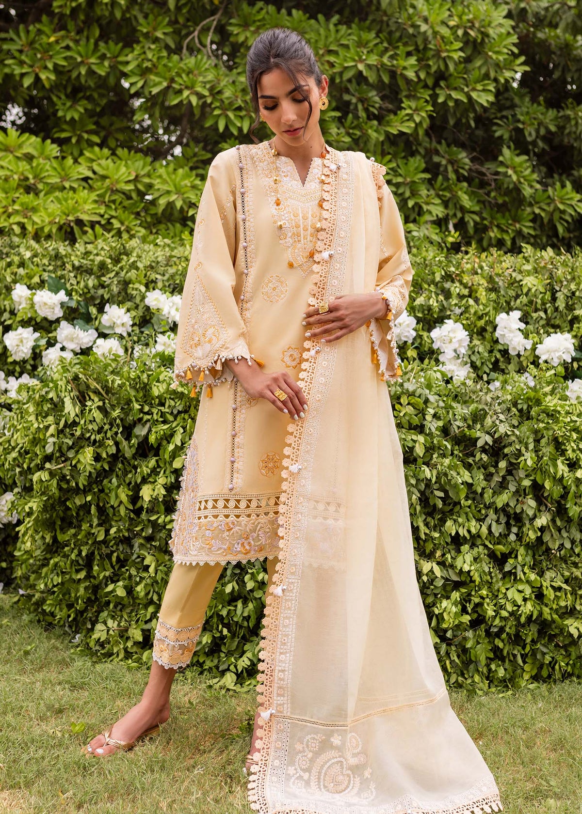 Traditional Pakistani clothes - Zaphira Yellow Embroidered Lawn Outfit by Brand Sadaf Fawad Khan