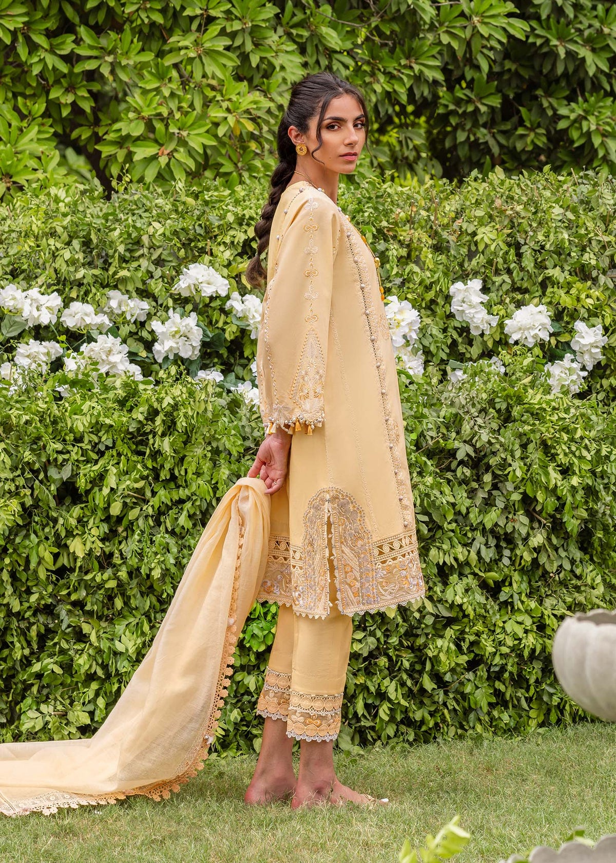 Traditional Pakistani clothes - Zaphira Yellow Embroidered Lawn Outfit by Brand Sadaf Fawad Khan