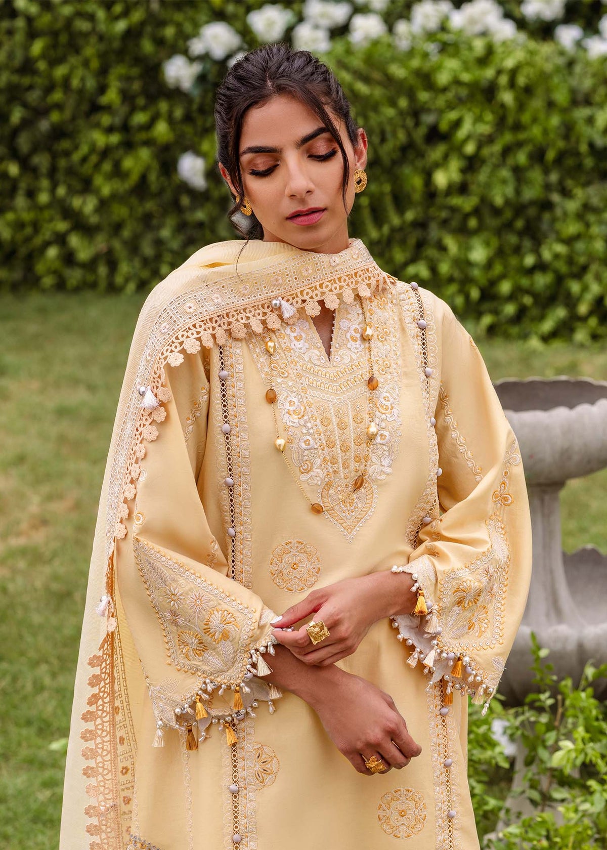 Traditional Pakistani clothes - Zaphira Yellow Embroidered Lawn Outfit by Brand Sadaf Fawad Khan