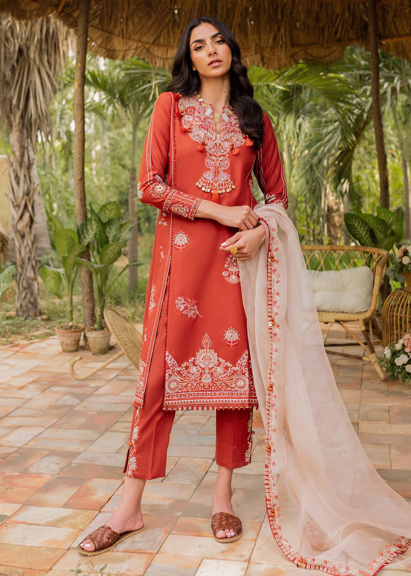 Traditional Pakistani clothes - Faizah Pumpkin Orange Embroidered Lawn Outfit by Brand Sadaf Fawad Khan