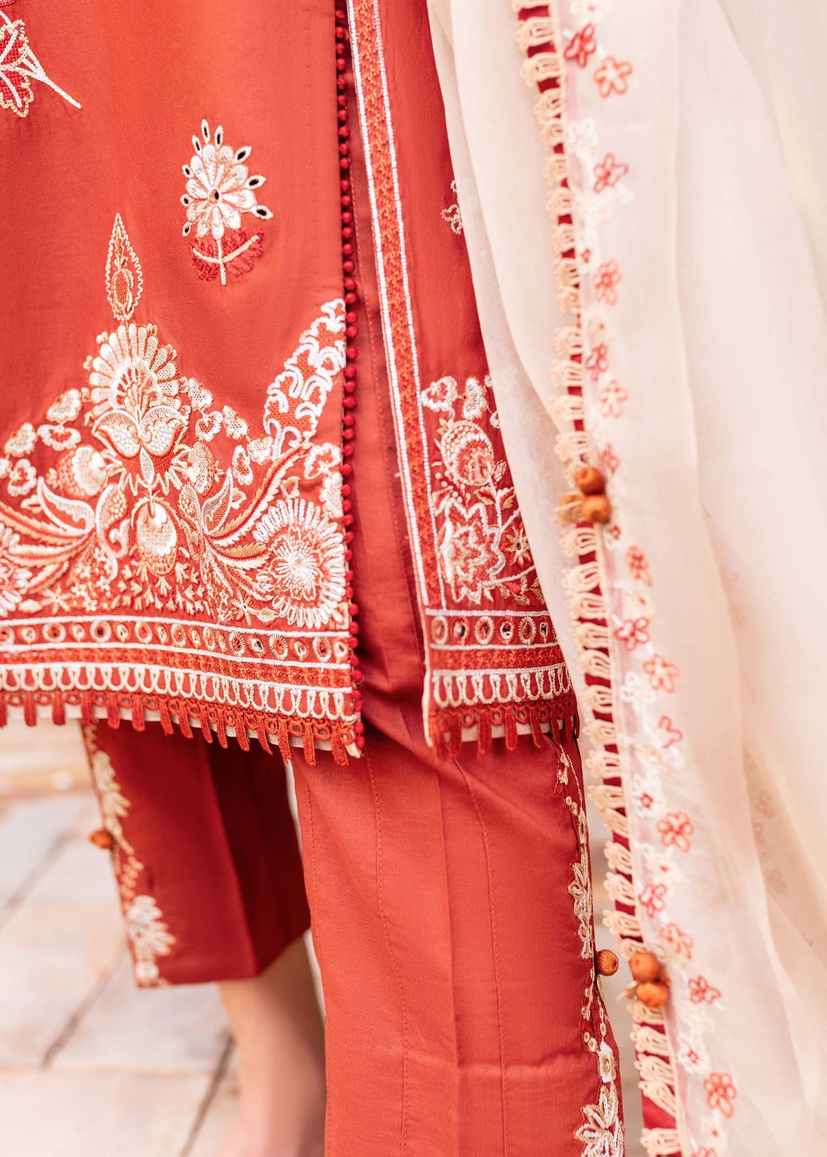 Traditional Pakistani clothes - Faizah Pumpkin Orange Embroidered Lawn Outfit by Brand Sadaf Fawad Khan