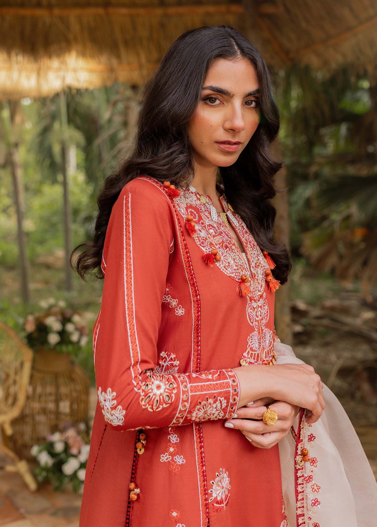Traditional Pakistani clothes - Faizah Pumpkin Orange Embroidered Lawn Outfit by Brand Sadaf Fawad Khan