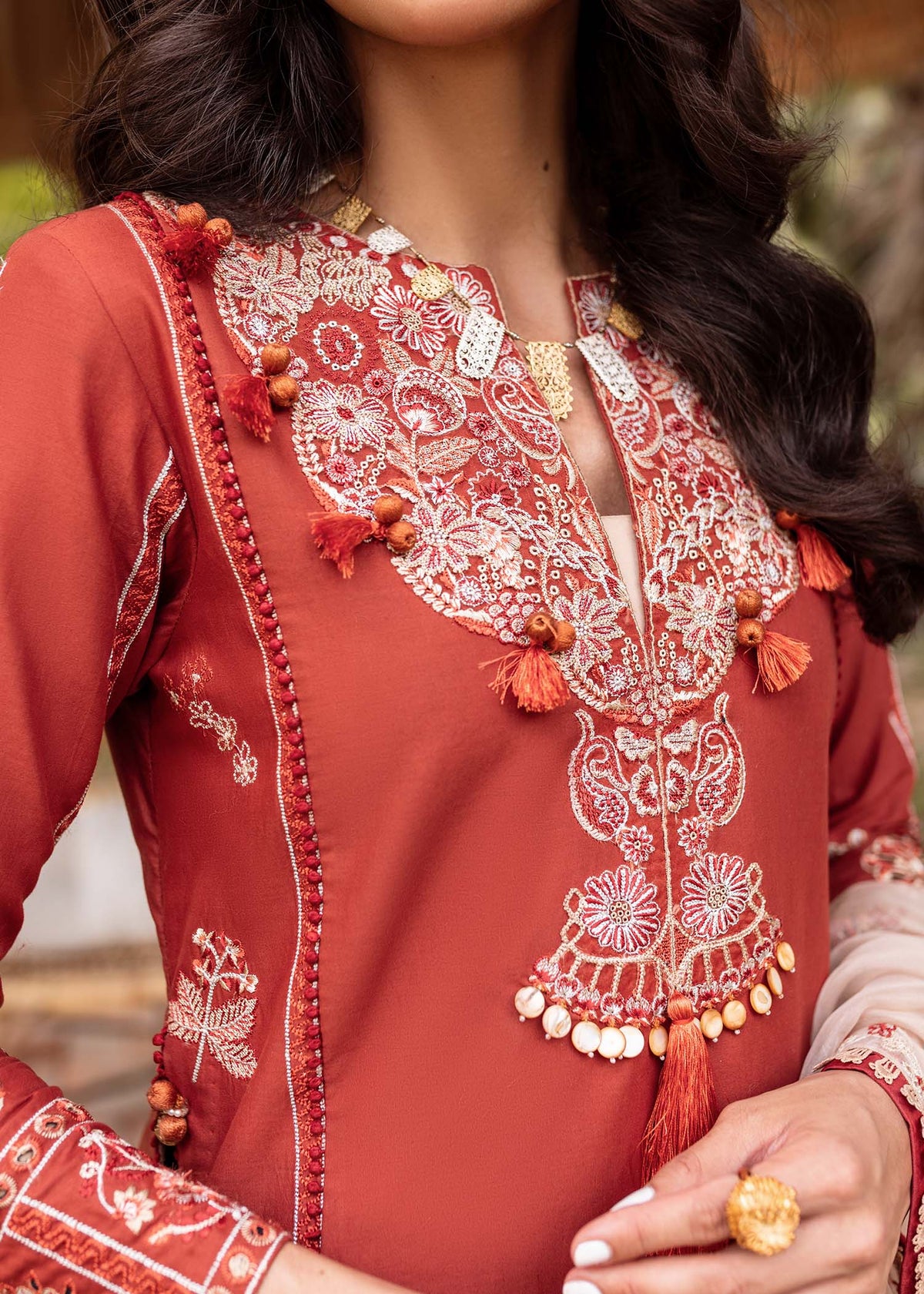 Traditional Pakistani clothes - Faizah Pumpkin Orange Embroidered Lawn Outfit by Brand Sadaf Fawad Khan