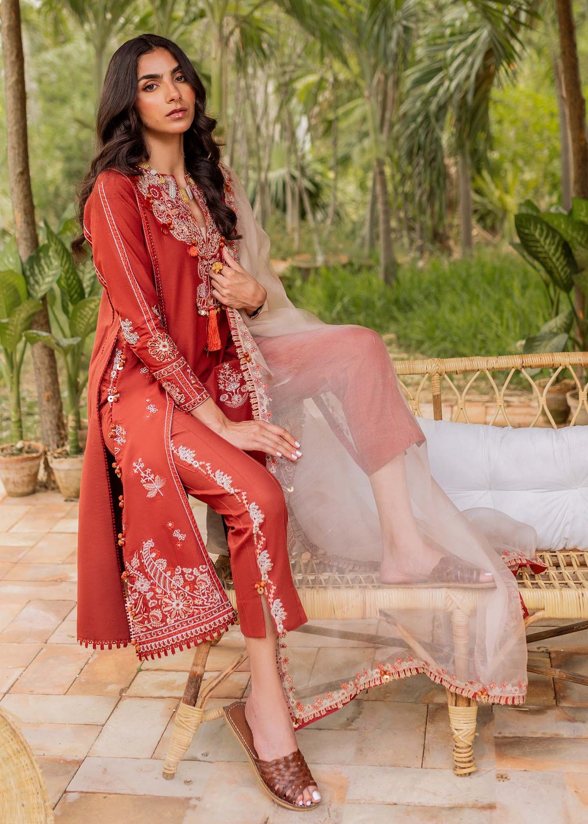 Traditional Pakistani clothes - Faizah Pumpkin Orange Embroidered Lawn Outfit by Brand Sadaf Fawad Khan