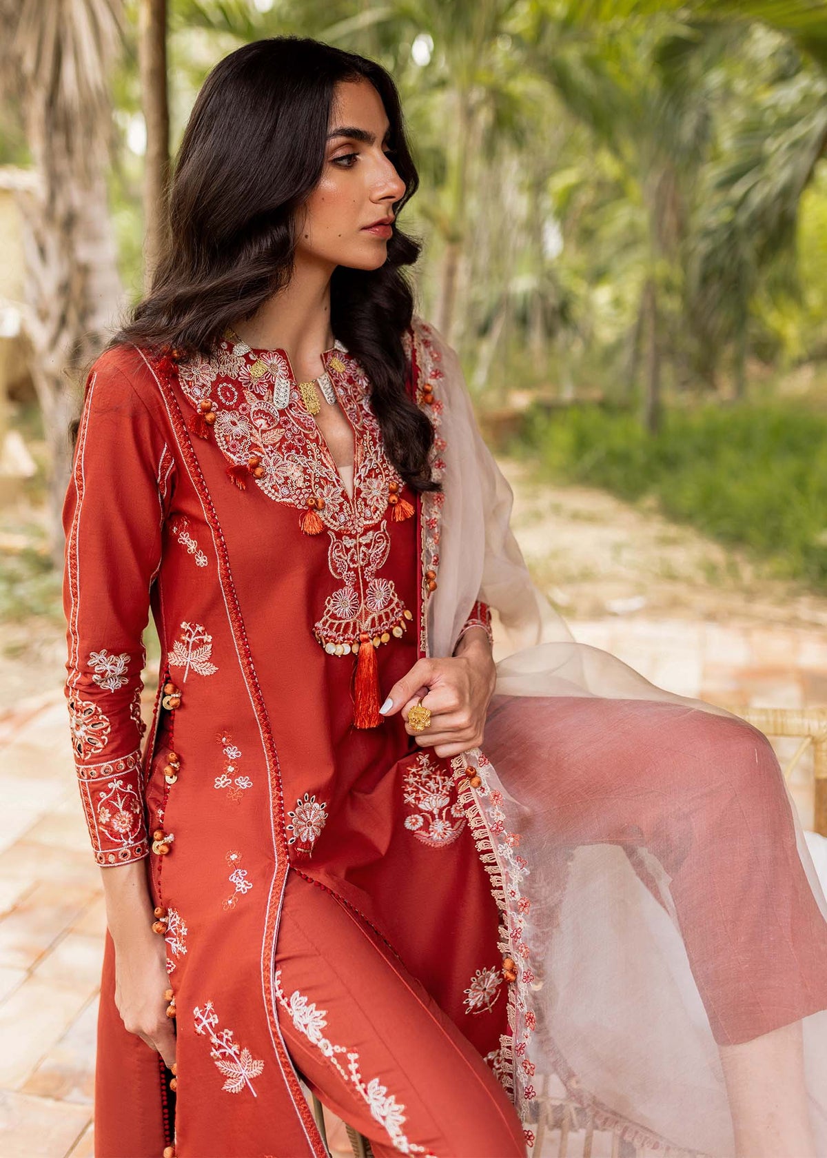 Traditional Pakistani clothes - Faizah Pumpkin Orange Embroidered Lawn Outfit by Brand Sadaf Fawad Khan
