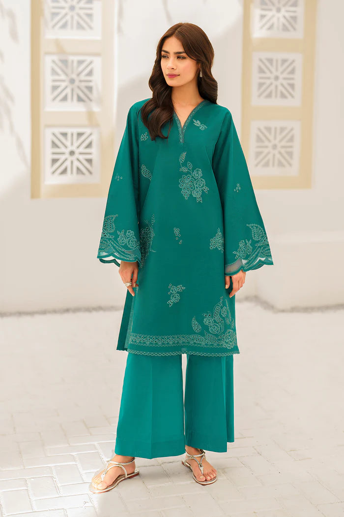 Elegant teal embroidered Pakistani suit with intricate paisley and floral motifs, featuring detailed sleeve embellishments and traditional neckline