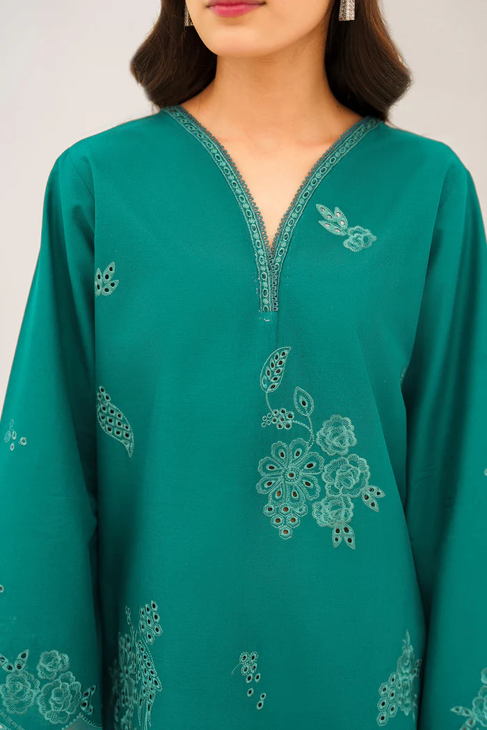 Front view of teal Pakistani formal wear with delicate embroidery, flowing sleeves, and matching straight pants for festive occasions