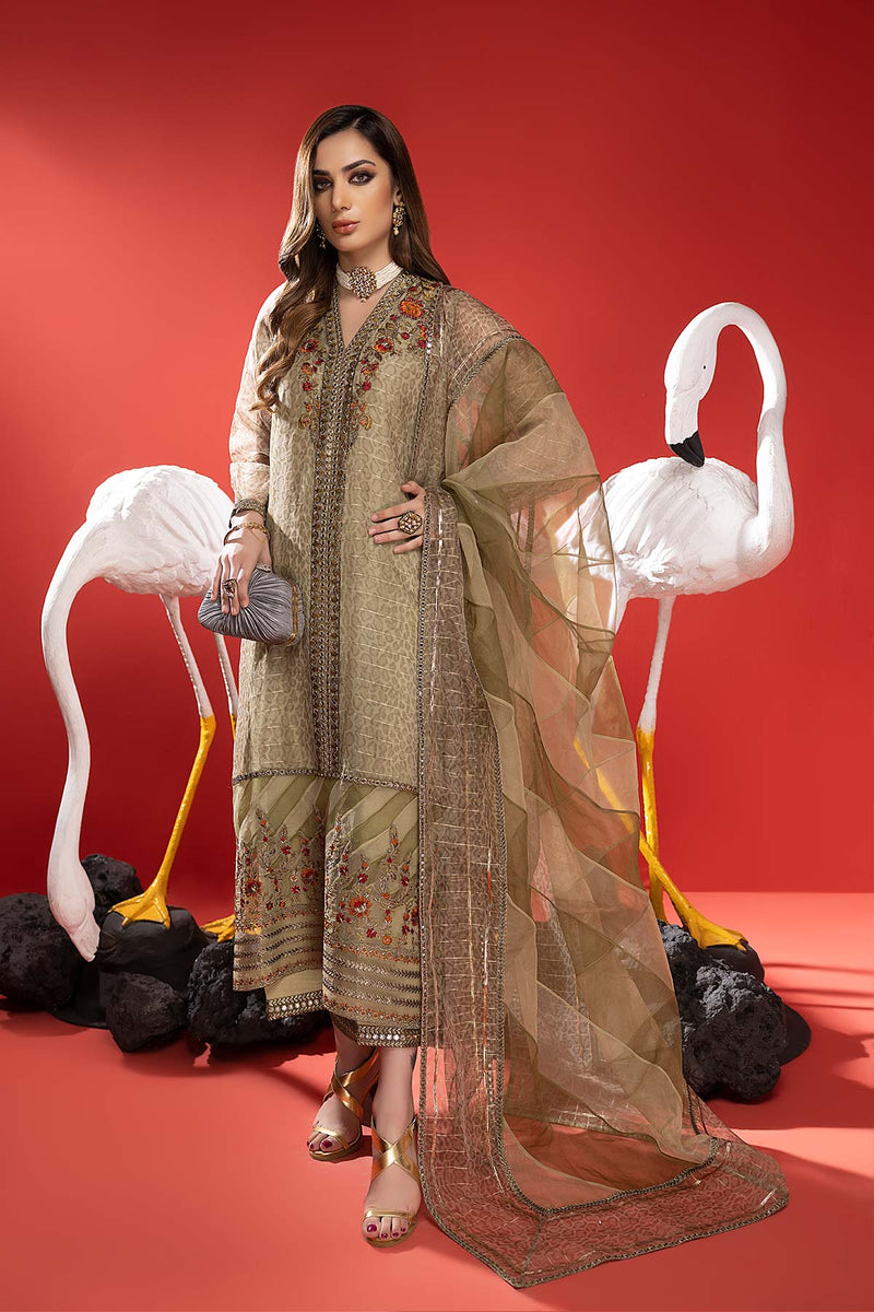 Brand Charizma - 3-PC Embroidered Long Shirt with Raw Silk Qlot Trouser and Organza Dupatta - CHM-205 - Tarz-e-Mashriq