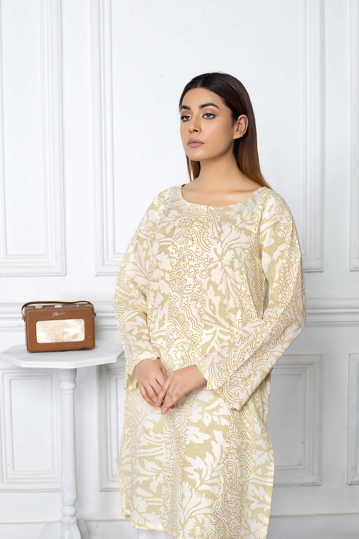 Elegant antique white paste-printed lawn shirt from Charizma, a top choice for Pakistani suits online in Canada.