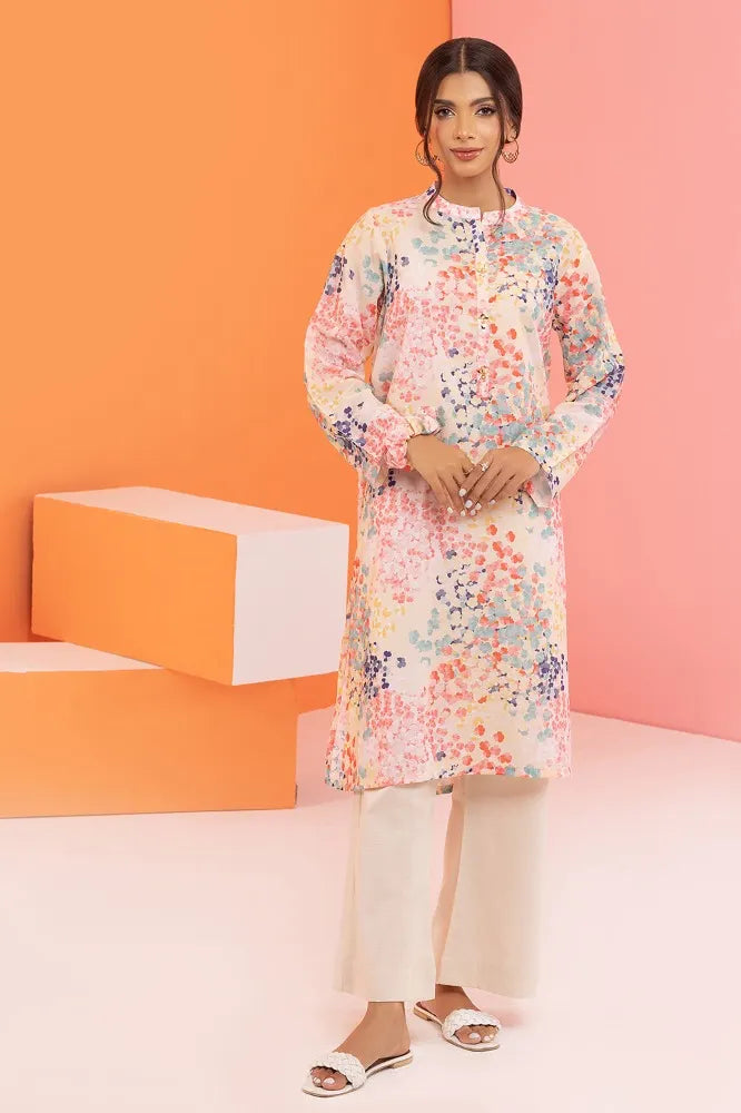 front profile of GulAhmed’s elegant poly cambric shirt, showcasing its vibrant digital print – a perfect Punjabi suit option for women.