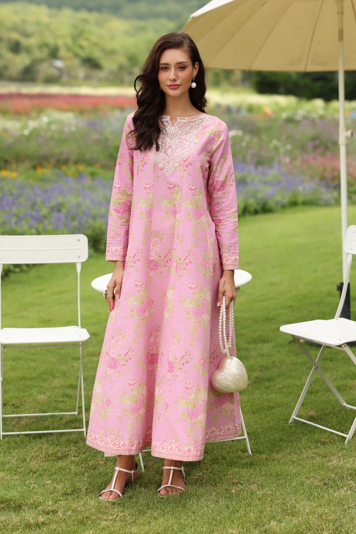 Woman standing full length front view Xenia pink floral printed embroidered lawn gown 2-piece festive Punjabi suits Canada