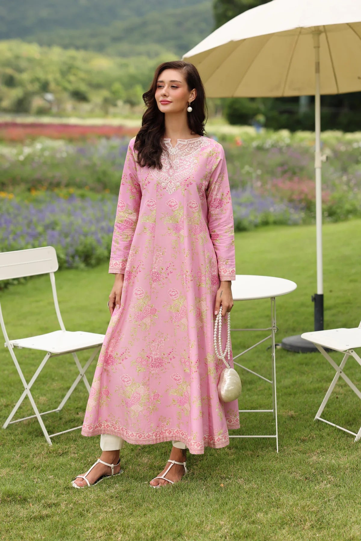 Woman standing full length front view Xenia Cerulean-A pink lawn gown 2-piece ready to wear Pakistani suits Canada