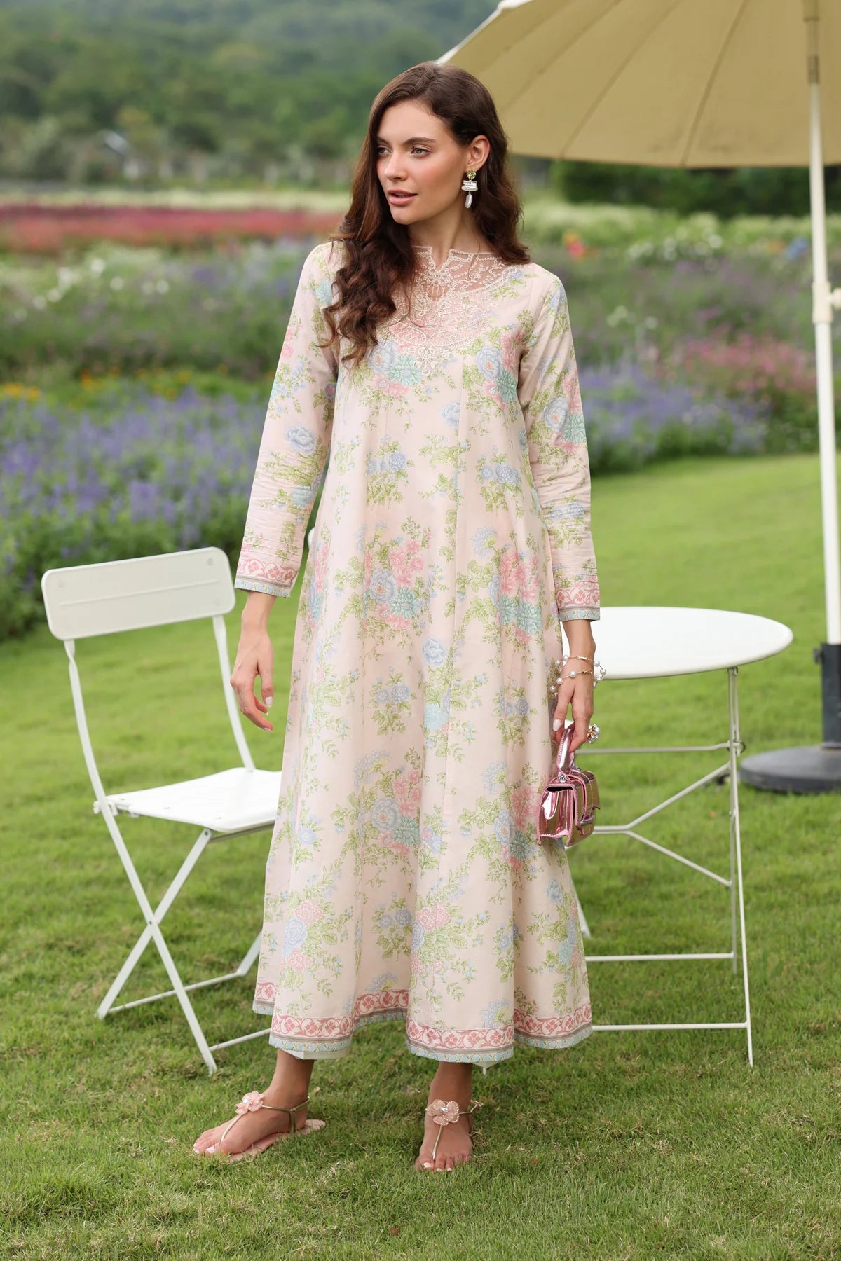 Woman standing full length front view Xenia cream floral printed embroidered lawn gown 2-piece festive Punjabi suits Canada