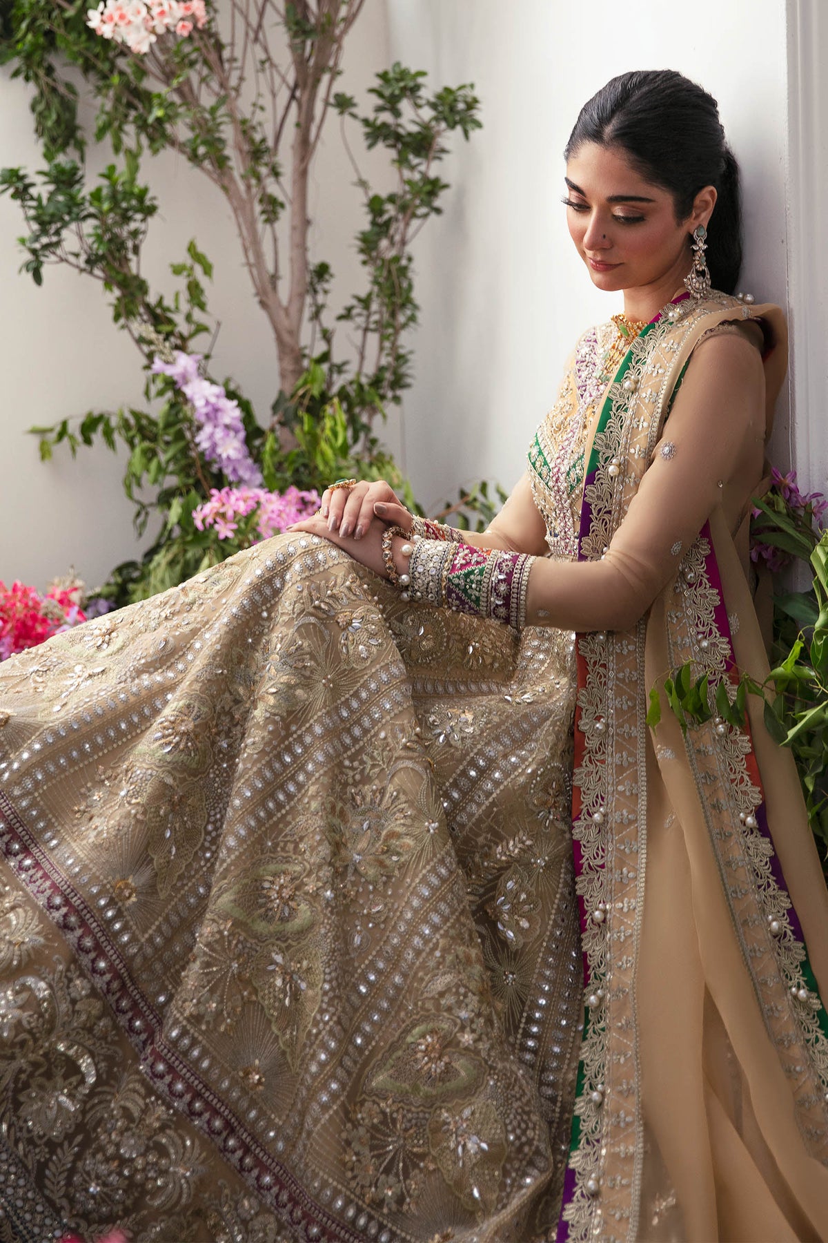 Zaha Alysiah beige embroidered organza pishwas with crystal embellishments and dupatta for Pakistani wedding suits Canada