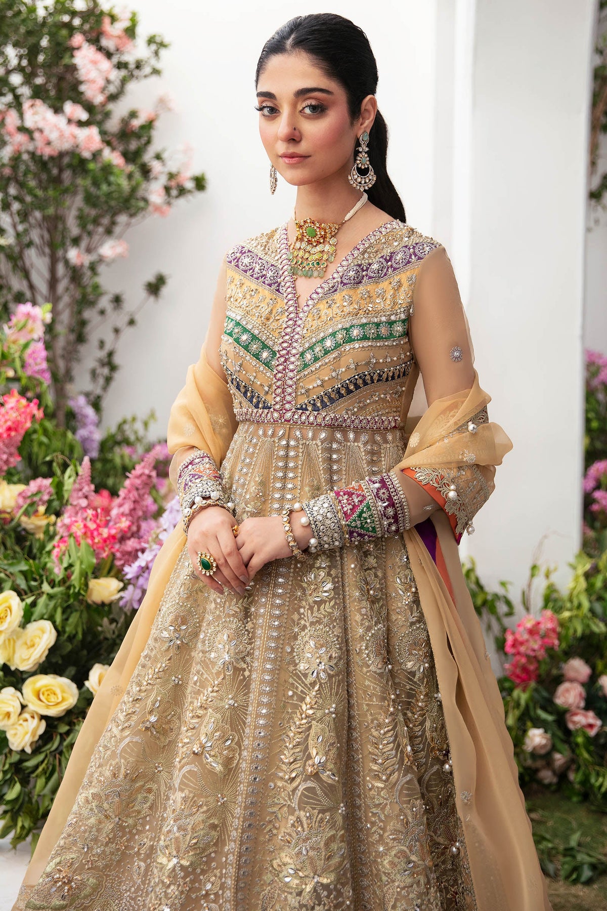 Zaha Alysiah beige organza anarkali with colorful embroidered bodice and crystal work for Pakistani formal wear Canada