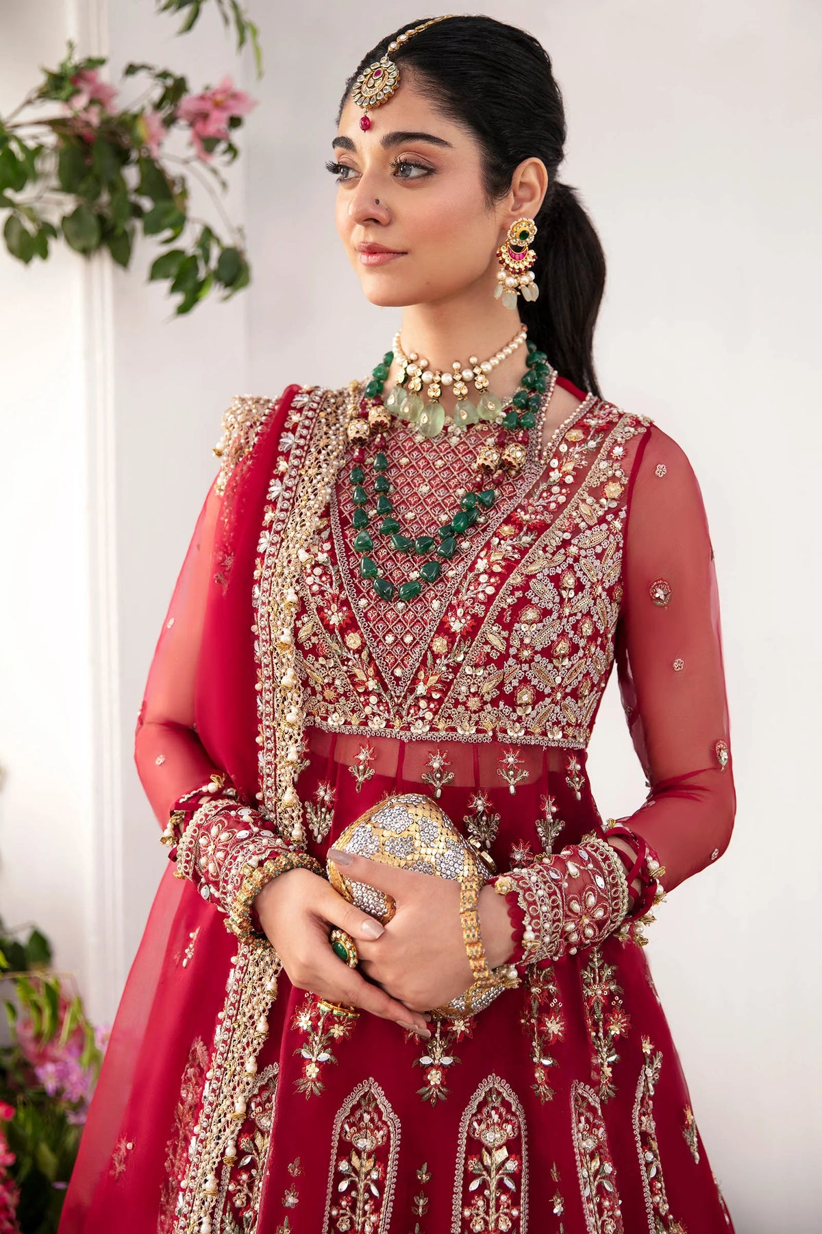 Ruby red embroidered organza maxi with gold tilla work and traditional Indian jewelry styling - Zaha ZAH-29 bridal formal wear