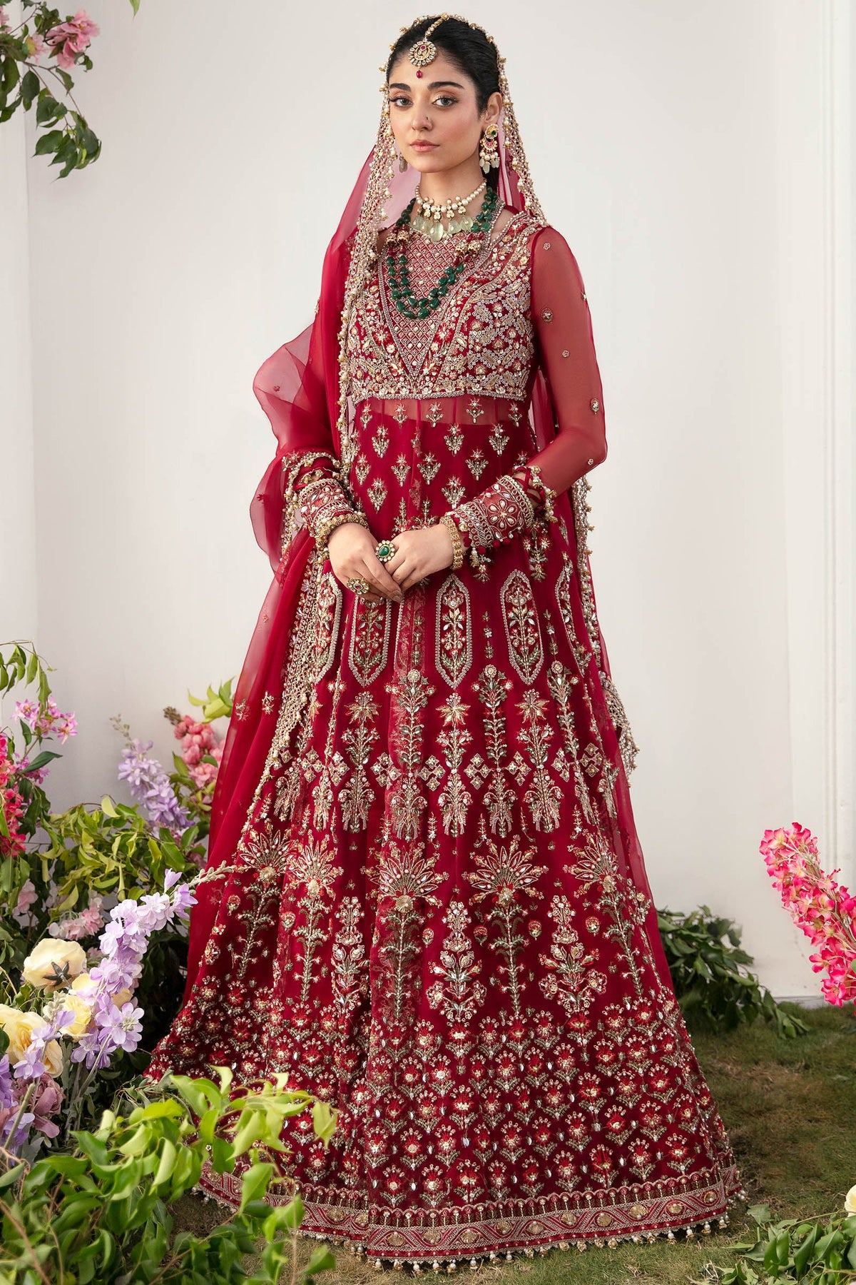 Ruby red embroidered organza maxi with gold detailing and sheer dupatta, perfect for Pakistani weddings and formal occasions - Zaha 